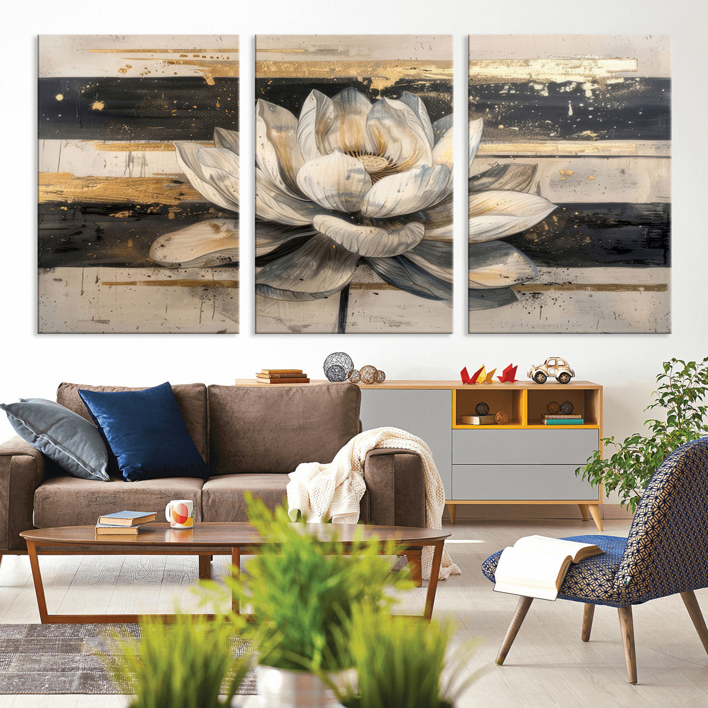 MGV-CV-60X30-3P - Abstract Lotus Flower Wall Art Canvas Print, Meditation Yoga Room Wall Art