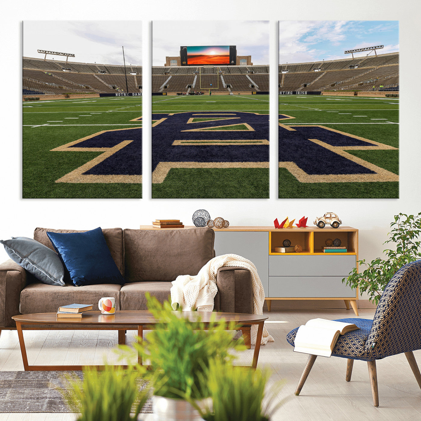 MGV-CV-60X30-3P - Notre Dame Stadium Giclee Canvas Print | Triptych Wall Art Featuring Iconic Notre Dame Football Field | Ready-to-Hang Sports Stadium Decor