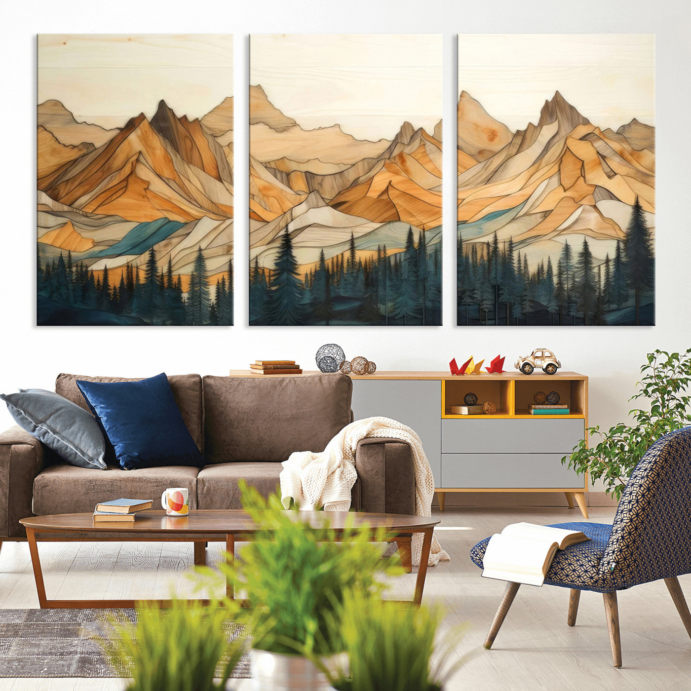 -Rustic Wood Mountain Wall Art Print | Triptych Giclee Print Featuring Handcrafted Forest and
