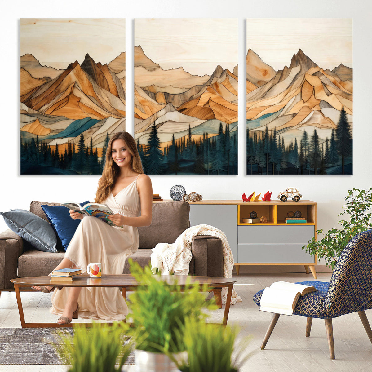 31576-PAN-FL-20X10 - Rustic Wood Mountain Wall Art Print | Triptych Giclee Print Featuring Handcrafted Forest and