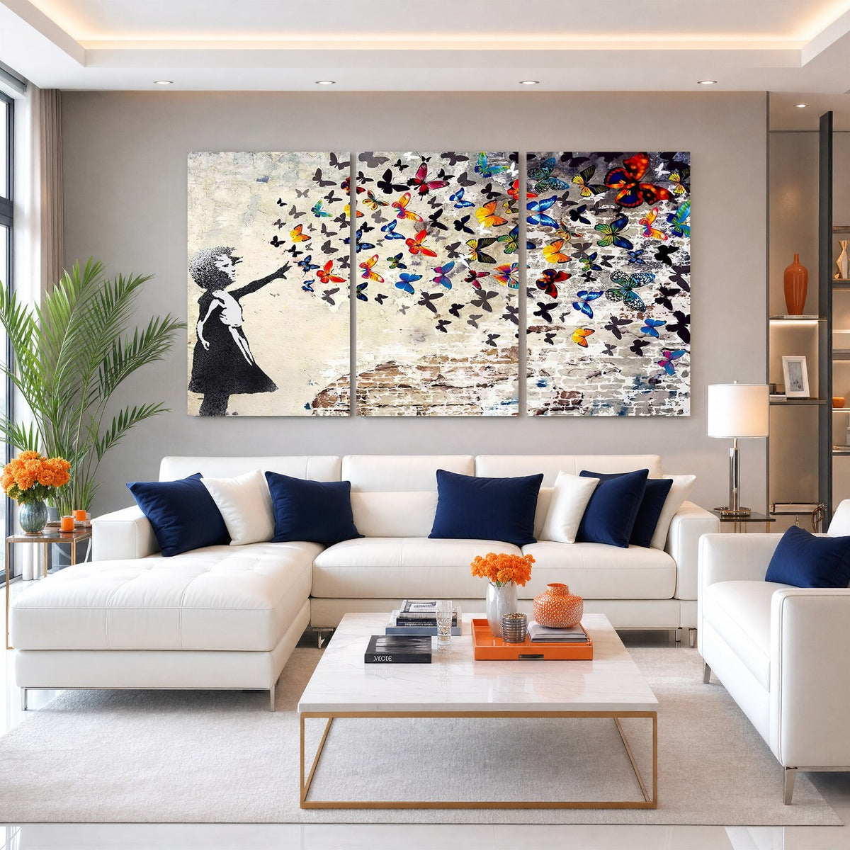 97895-MGV-CV-24X16 - Banksy Graffiti Wall Art Canvas Print, Girl Releasing Vibrant Butterflies