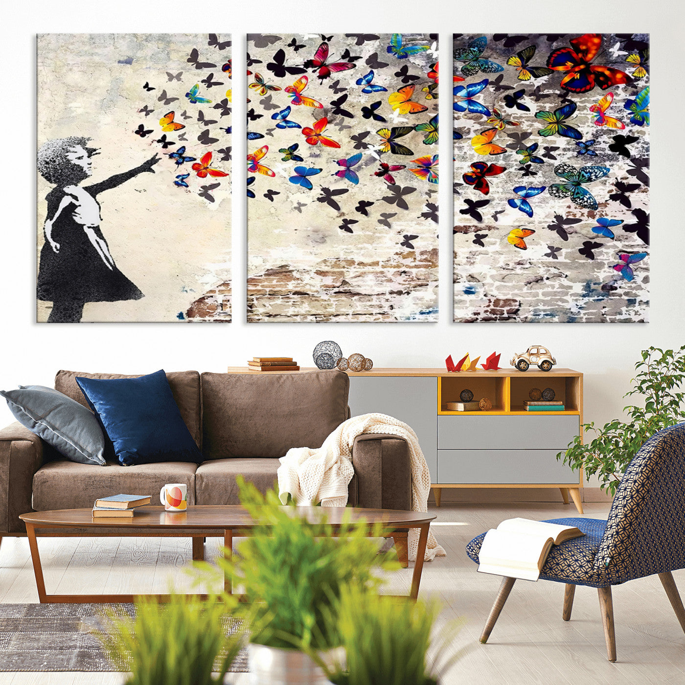 MGV-CV-60X30-3P - Banksy Graffiti Wall Art Canvas Print: Girl Releasing Vibrant Butterflies – Ready to Hang