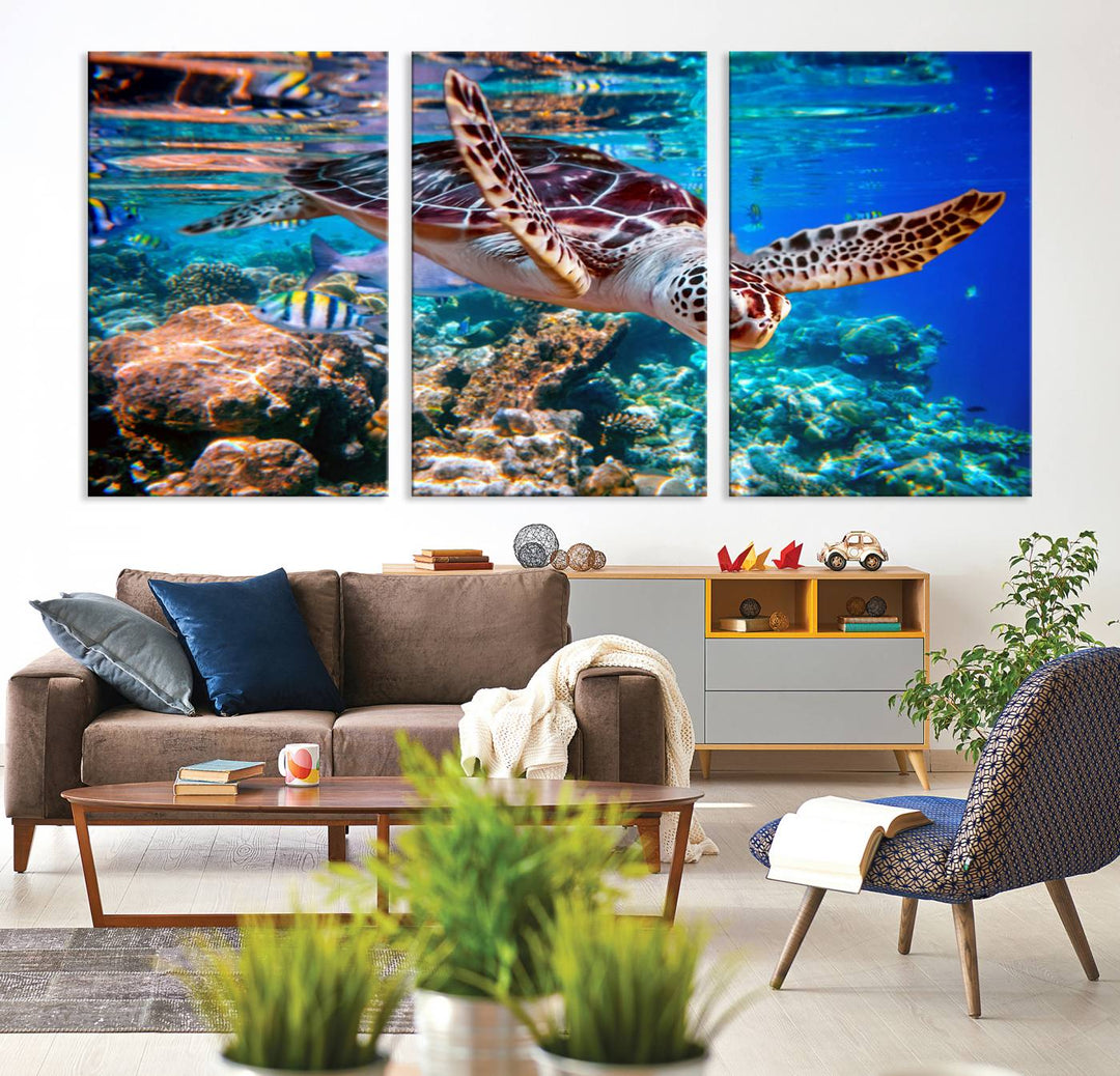 The dining area features the Underwater Coral Reef Sea Turtle Wall Art Canvas.