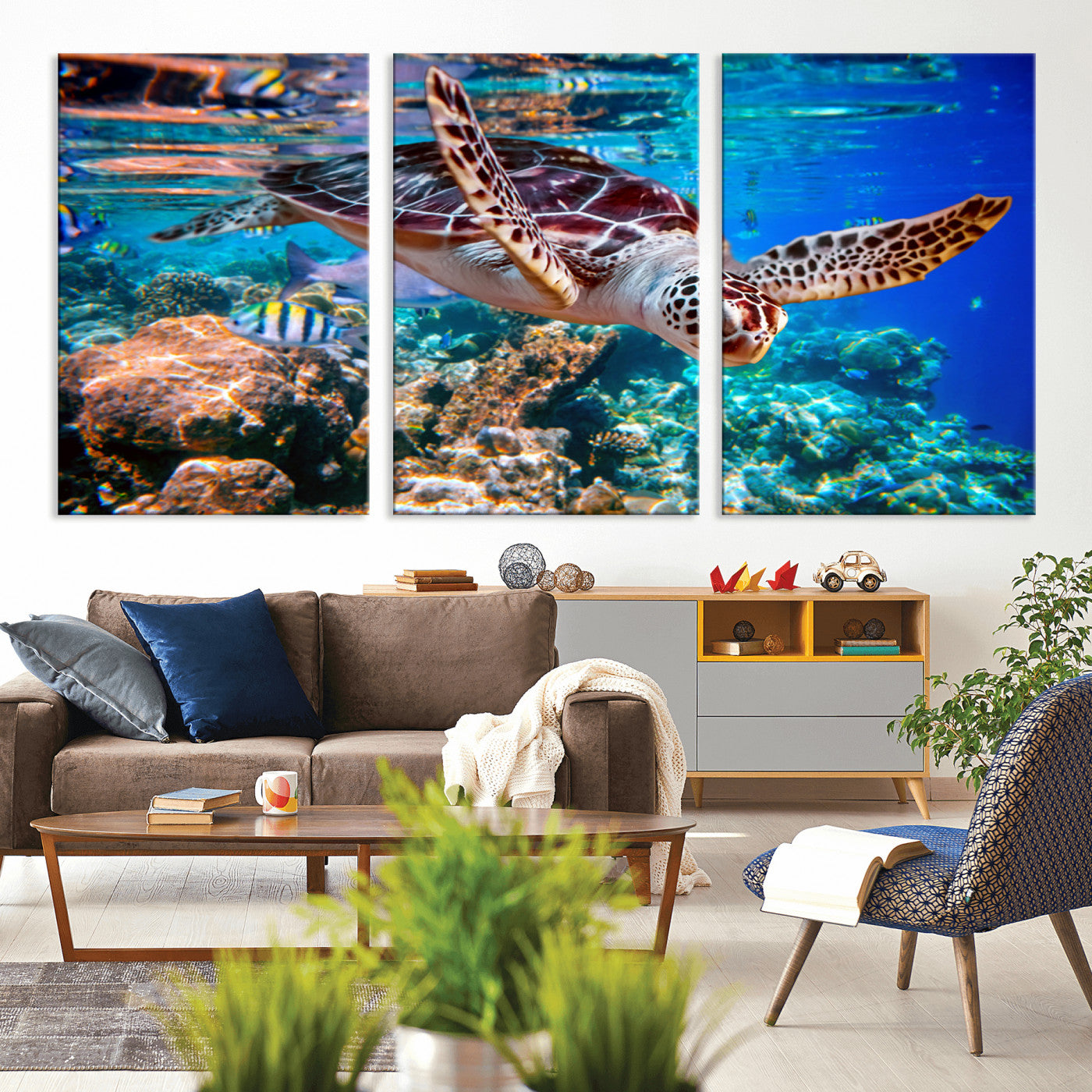 MGV-CV-60X30-3P - Underwater Coral Reef Sea Turtle Wall Art Canvas Print, Vibrant Marine Life | Colorful Ocean Scene