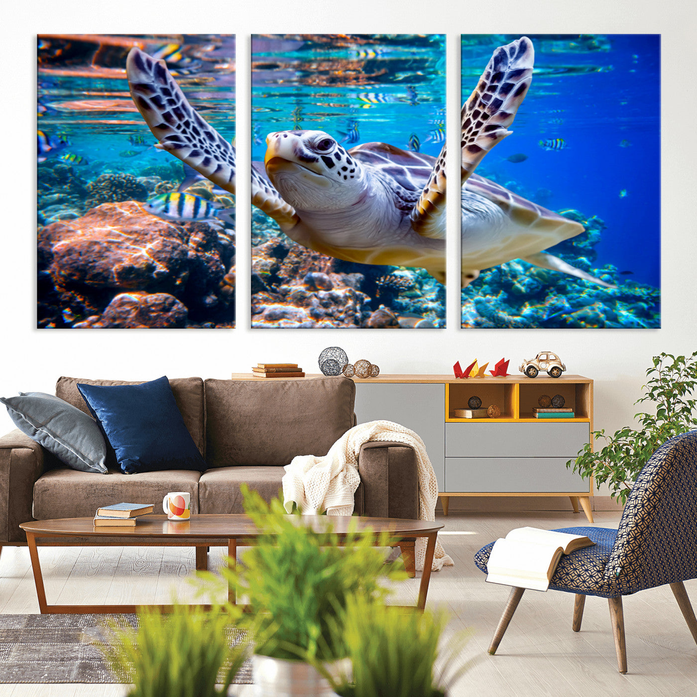 MGV-CV-60X30-3P - Underwater Sea Turtle Wall Art Canvas Print – Vibrant Ocean Coral Reef Décor, Ready to Hang