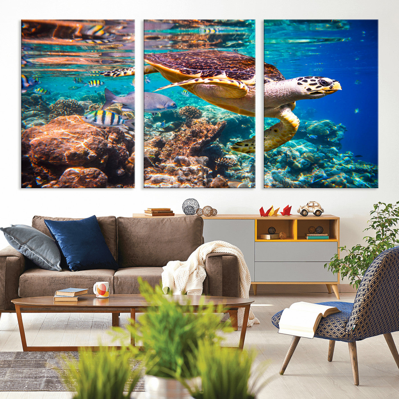 MGV-CV-60X30-3P - Sea Turtle Wall Art Canvas Print – Vibrant Ocean Coral Reef Décor, Ready to Hang
