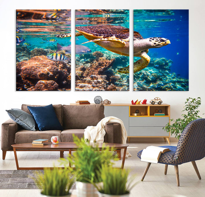 A Sea Turtle Wall Art Canvas Print features a colorful turtle swimming among coral. This artwork is ready to hang.