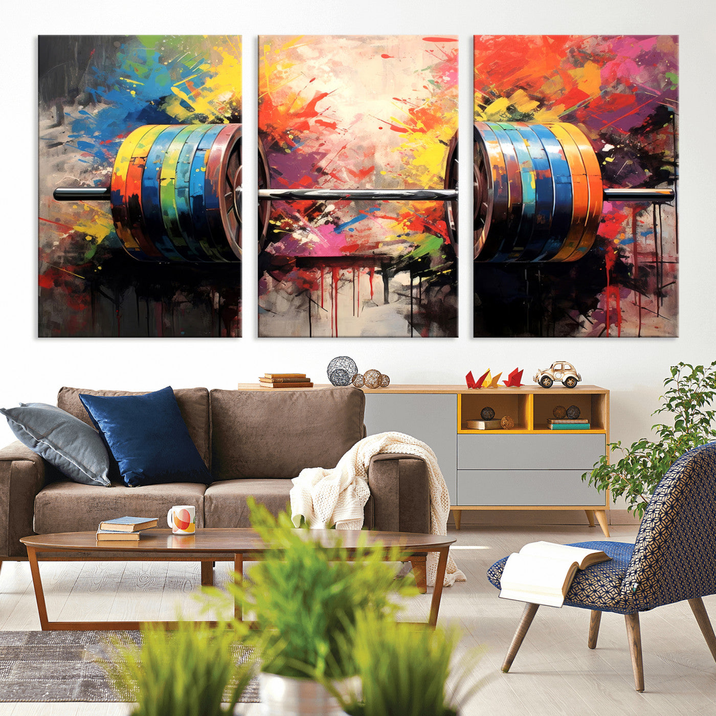 MGV-CV-60X30-3P - Weightlifting Barbell Art Triptych, Bold Abstract Fitness Wall Decor for Gym or Home, Giclee Canvas Print