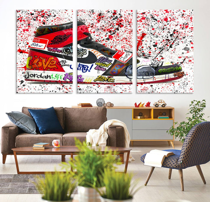 A Jordan Shoes Graffiti Canvas Print hangs prominently, perfect for sneakerheads and urban art lovers.