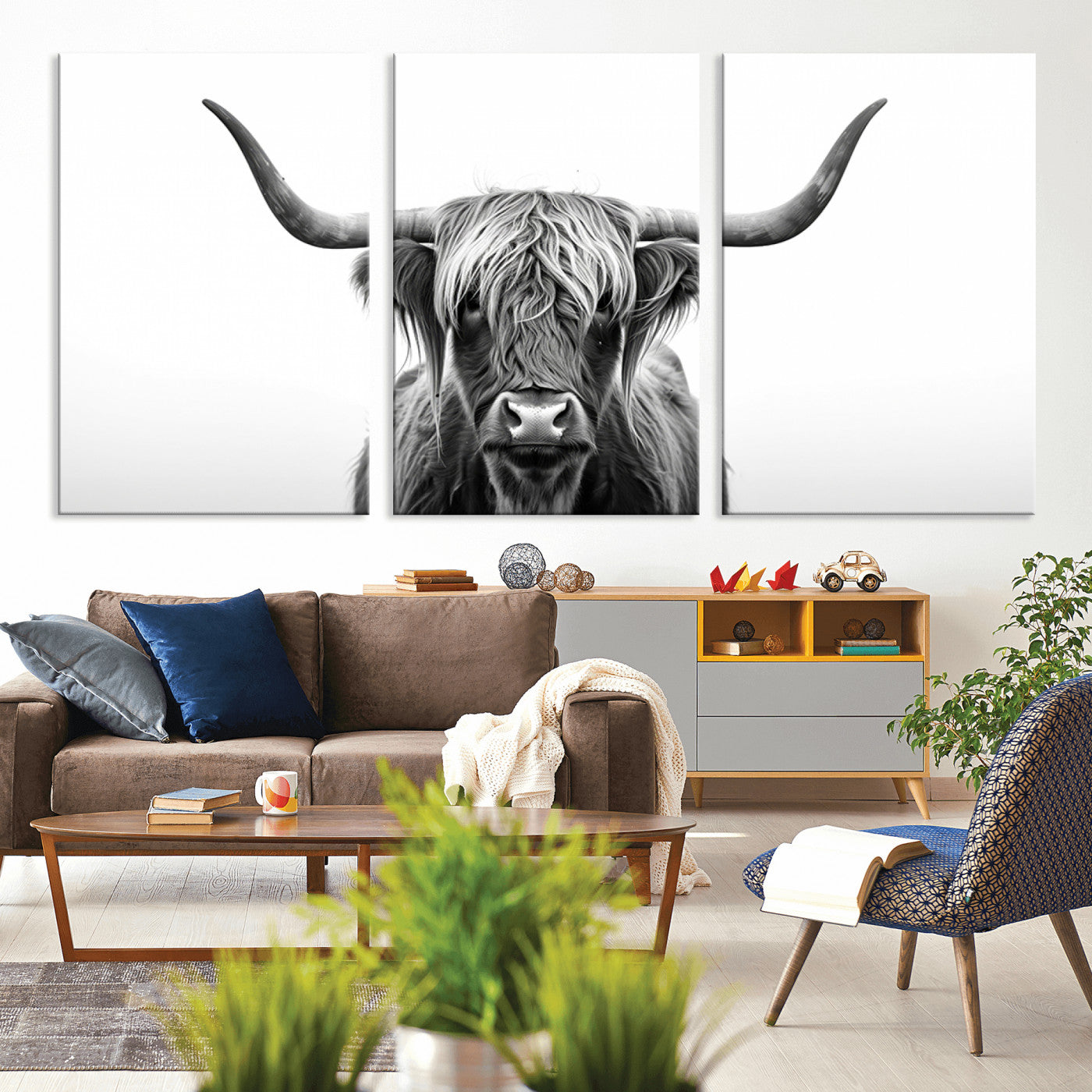 MGV-CV-60X30-3P - Highland Wall Art Canvas Print – Minimalist Black and White Farmhouse Décor, Ready to Hang