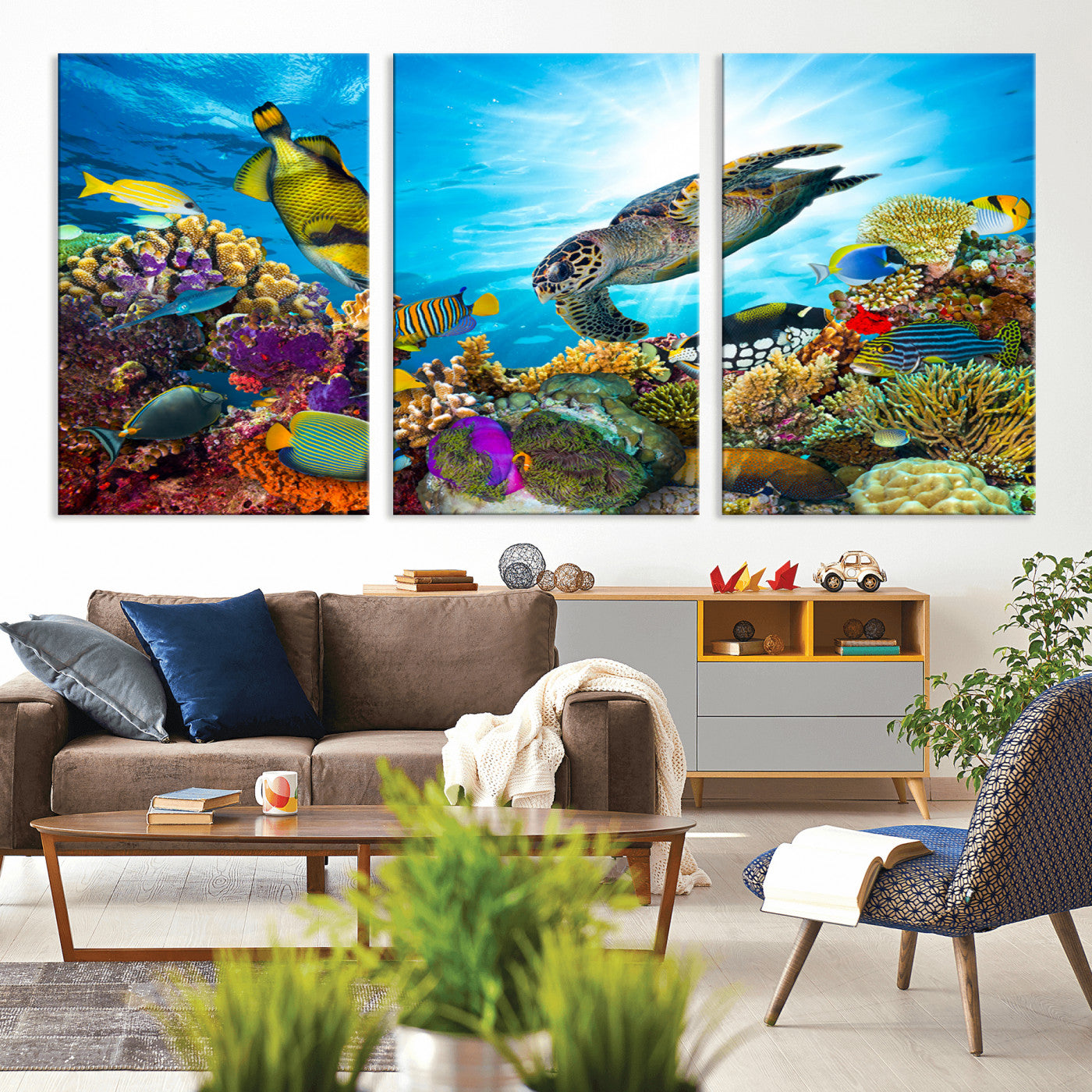 -Colorful Coral Reef and Sea Life Turtle Canvas Print, Underwater Tropical Ocean Wall Art for Home