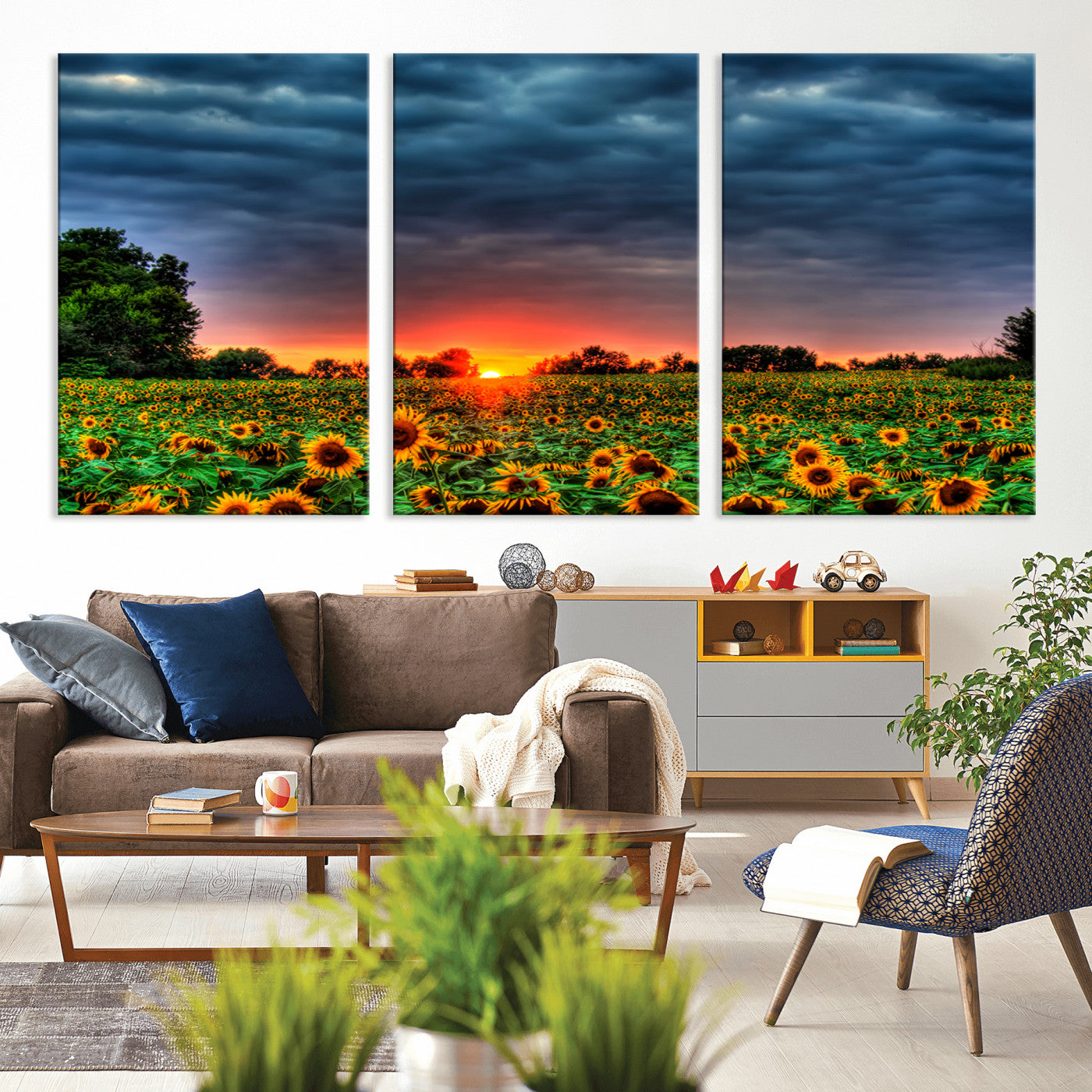 MGV-CV-60X30-3P - Golden Sunflower Field at Sunset – Breathtaking Sky and Vibrant Flowers, Ready to Hang Wall Art