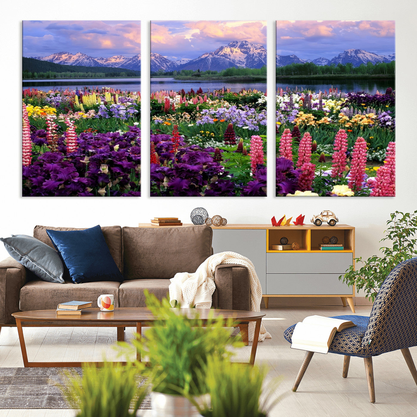 MGV-CV-60X30-3P - Vibrant Wildflower Garden and Mountain View Giclee Canvas Print | Floral Wall Art for Living Room