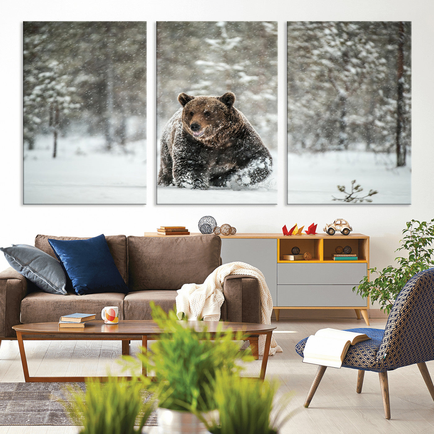 MGV-CV-60X30-3P - Wall Art Canvas Print – Grizzly Bear in Snowy Forest Powerful Presence Snowy Wilderness Wild Beauty
