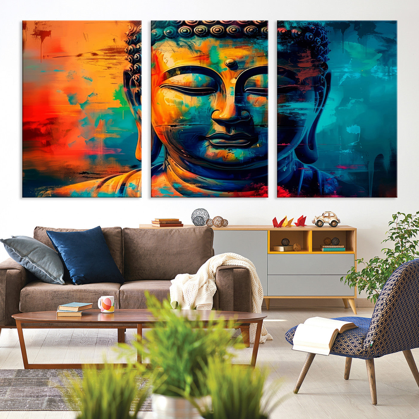 A vibrant, abstract artistic rendition of a Buddha statue face, blending bold and contrasting colors to evoke a sense of peace, spirituality, and enlightenment.