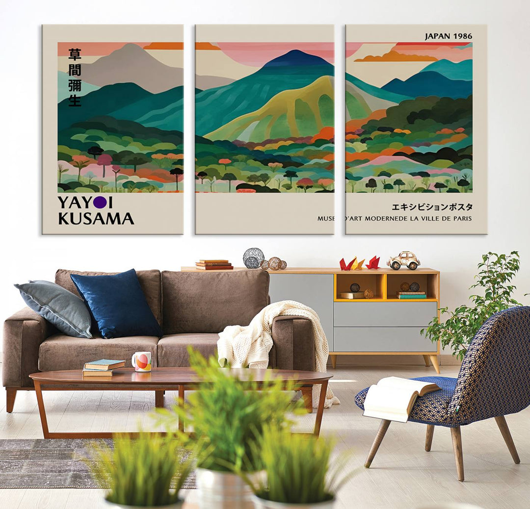 Vibrant Kusama landscape canvas featuring floral mountains and botanical decor, ideal for a modern home.