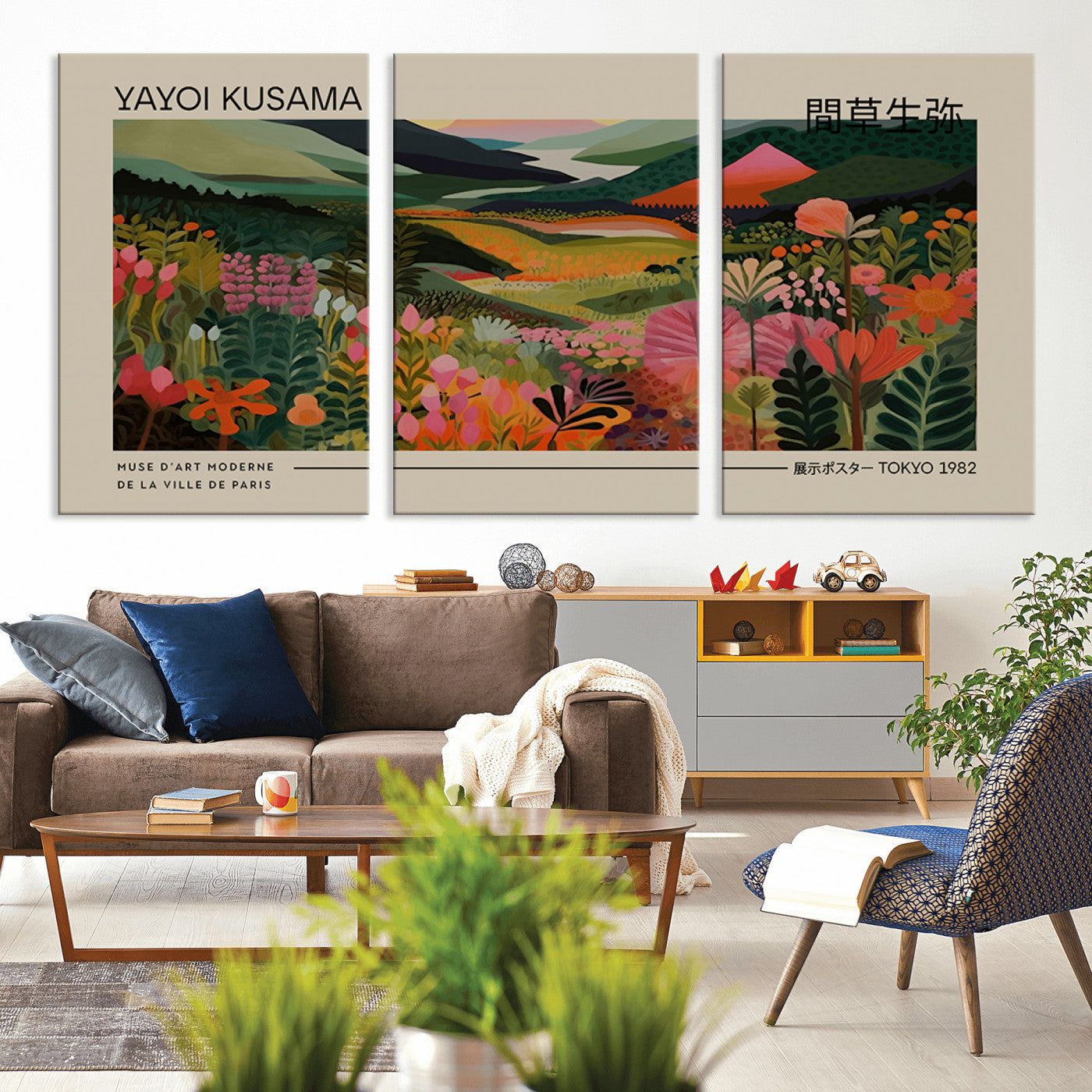 MGV-CV-60X30-3P - Yayoi Kusama Landscape Canvas Print, Vibrant Floral Mountain Art Print, Botanical Flower Nature