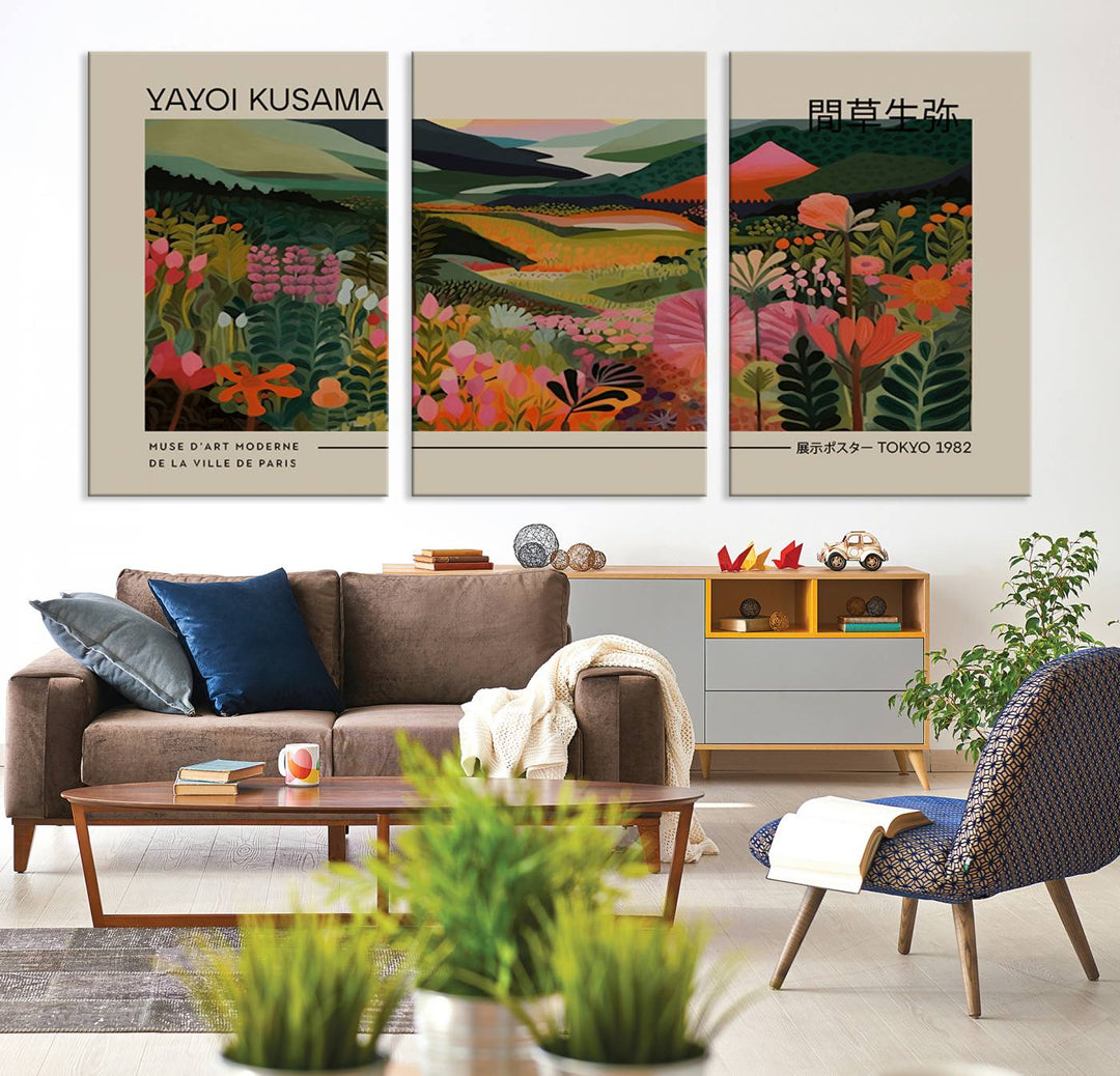 A Yayoi Kusama Landscape Canvas Print brightens the wall with vibrant floral and mountain art.