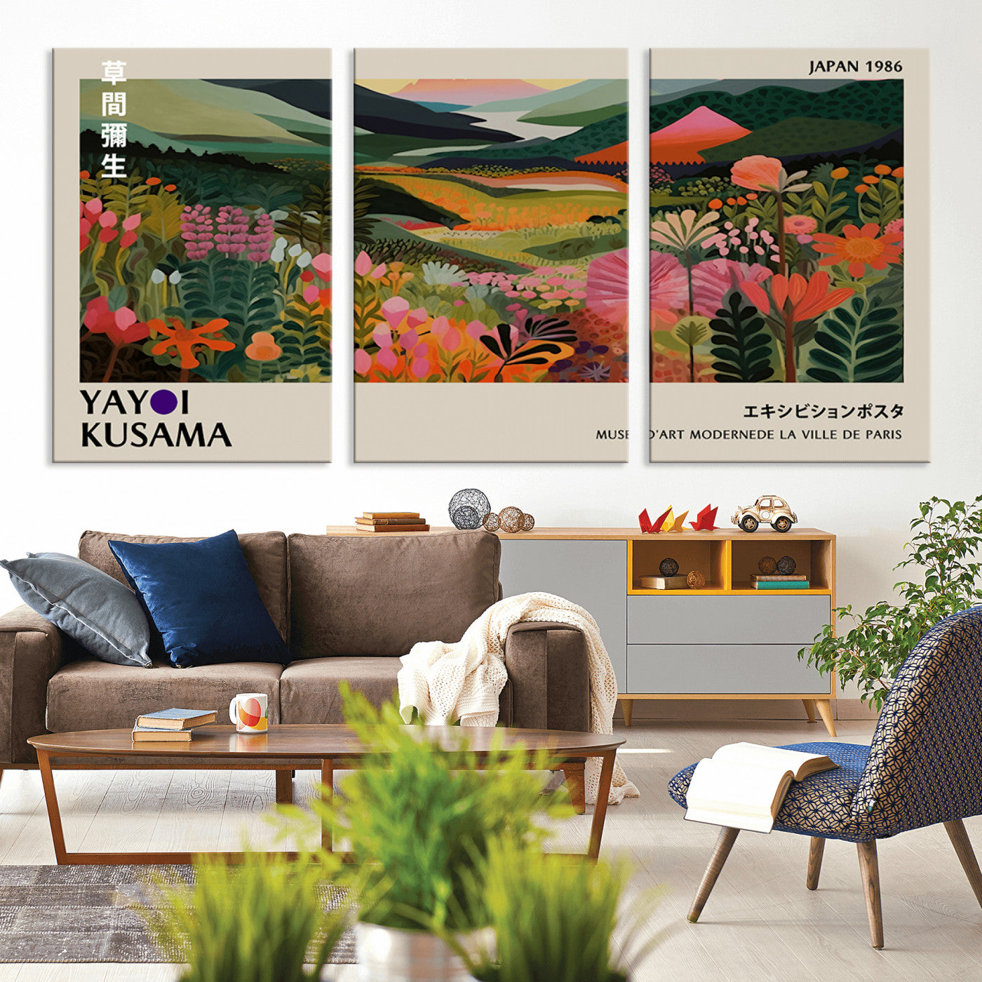 MGV-CV-60X30-3P - Yayoi Kusama Abstract Print, Vibrant Floral Mountain Art Print, Botanical Flower Nature Decor,