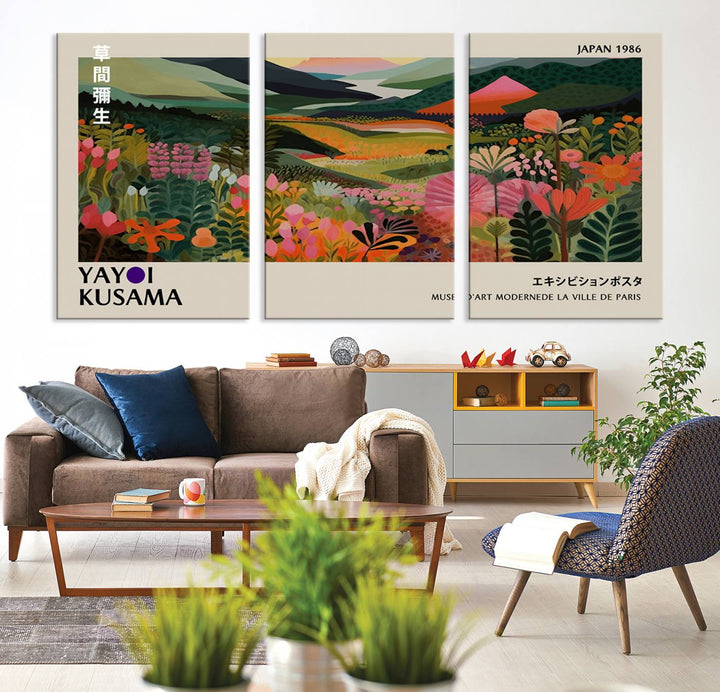 Yayoi Kusamas Landscape Canvas Print with vibrant floral mountain art adorns the wall.