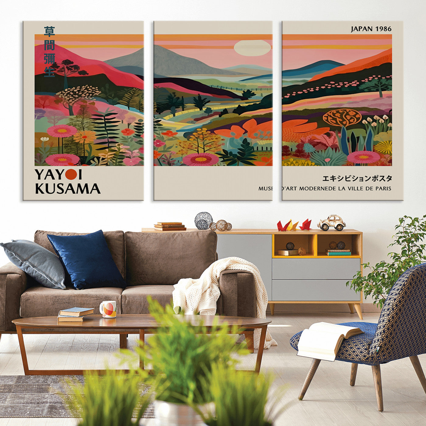 MGV-CV-60X30-3P - Yayoi Kusama Landscape Canvas Print, Vibrant Floral Mountain Art Print, Botanical Flower Nature