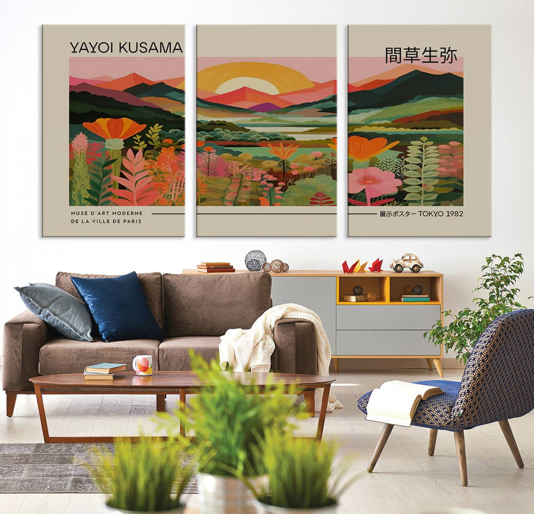 A Yayoi Kusama landscape print and an antique world map enhance the dining area.