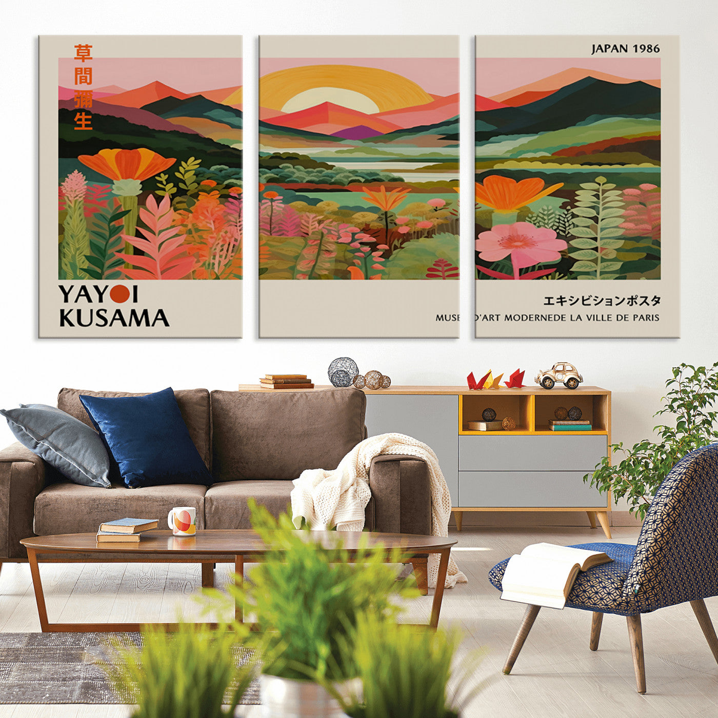 MGV-CV-60X30-3P - Framed Yayoi Kusama Print, Vibrant Floral Mountain Art Print, Botanical Flower Nature Decor, Sunset
