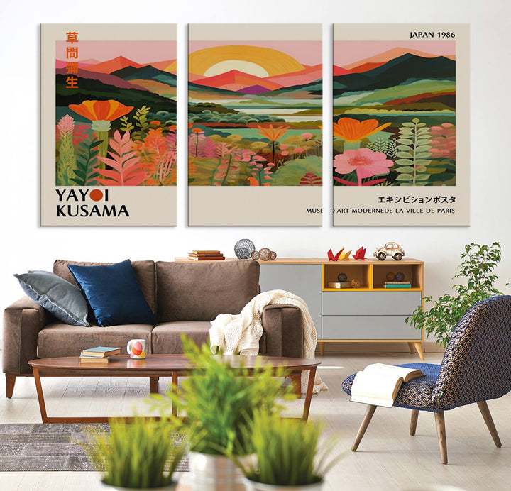 The Yayoi Kusama Landscape Canvas Print, featuring vibrant floral mountains and sunset scenery, enhances the room.