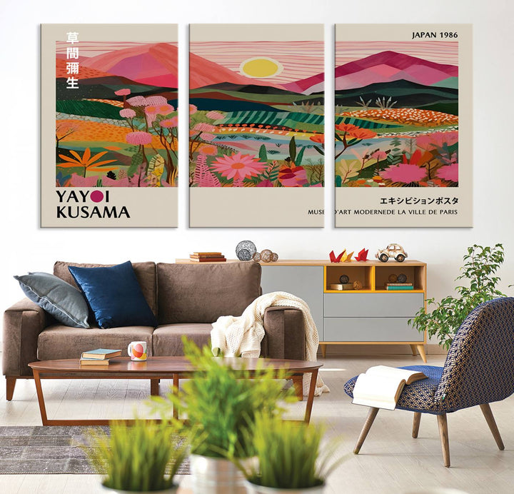 Yayoi Kusama Landscape Canvas Print, featuring a vibrant floral mountain design.