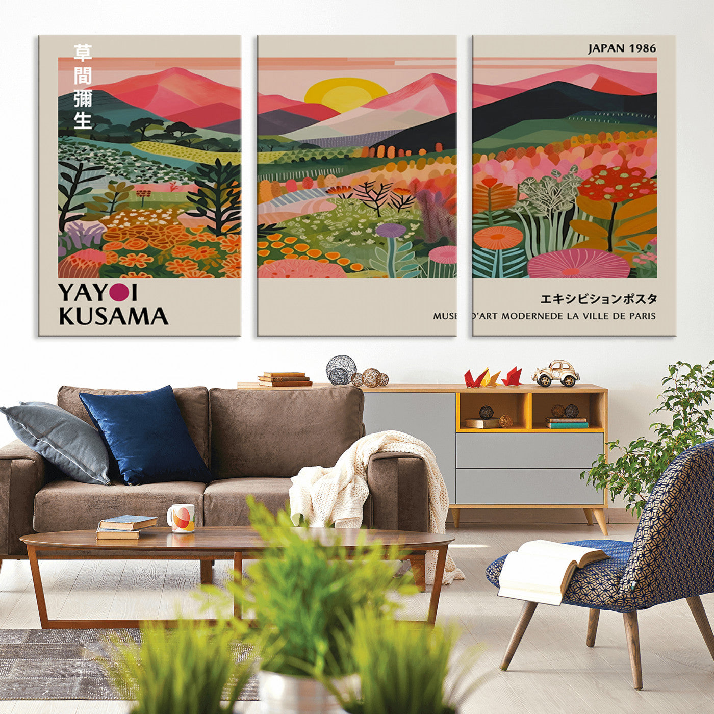MGV-CV-60X30-3P - Yayoi Kusama Landscape Canvas Print, Vibrant Floral Mountain Art Print, Framed Botanical Wall Art -