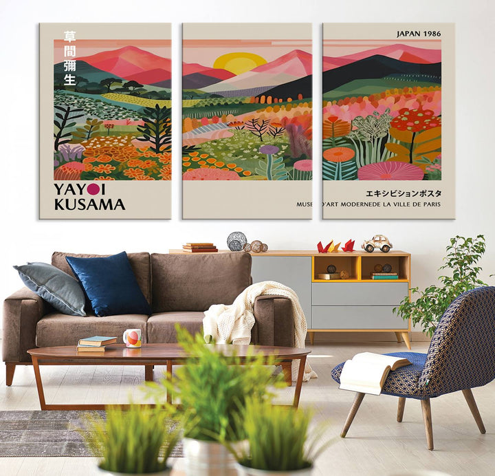 The wall art includes a vintage world map and Yayoi Kusamas colorful landscape.