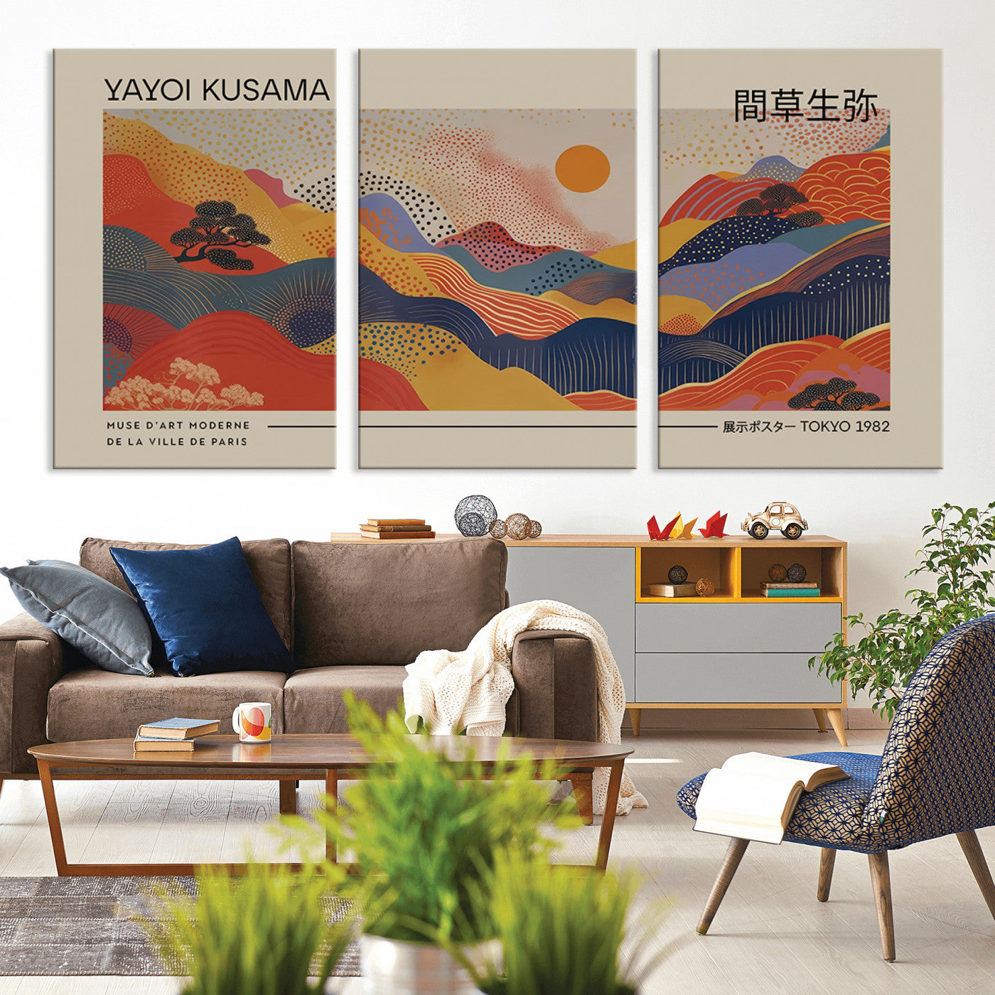 MGV-CV-60X30-3P - Yayoi Kusama Landscape Canvas Print, Vibrant Floral Mountain Art Print, Botanical Flower Nature