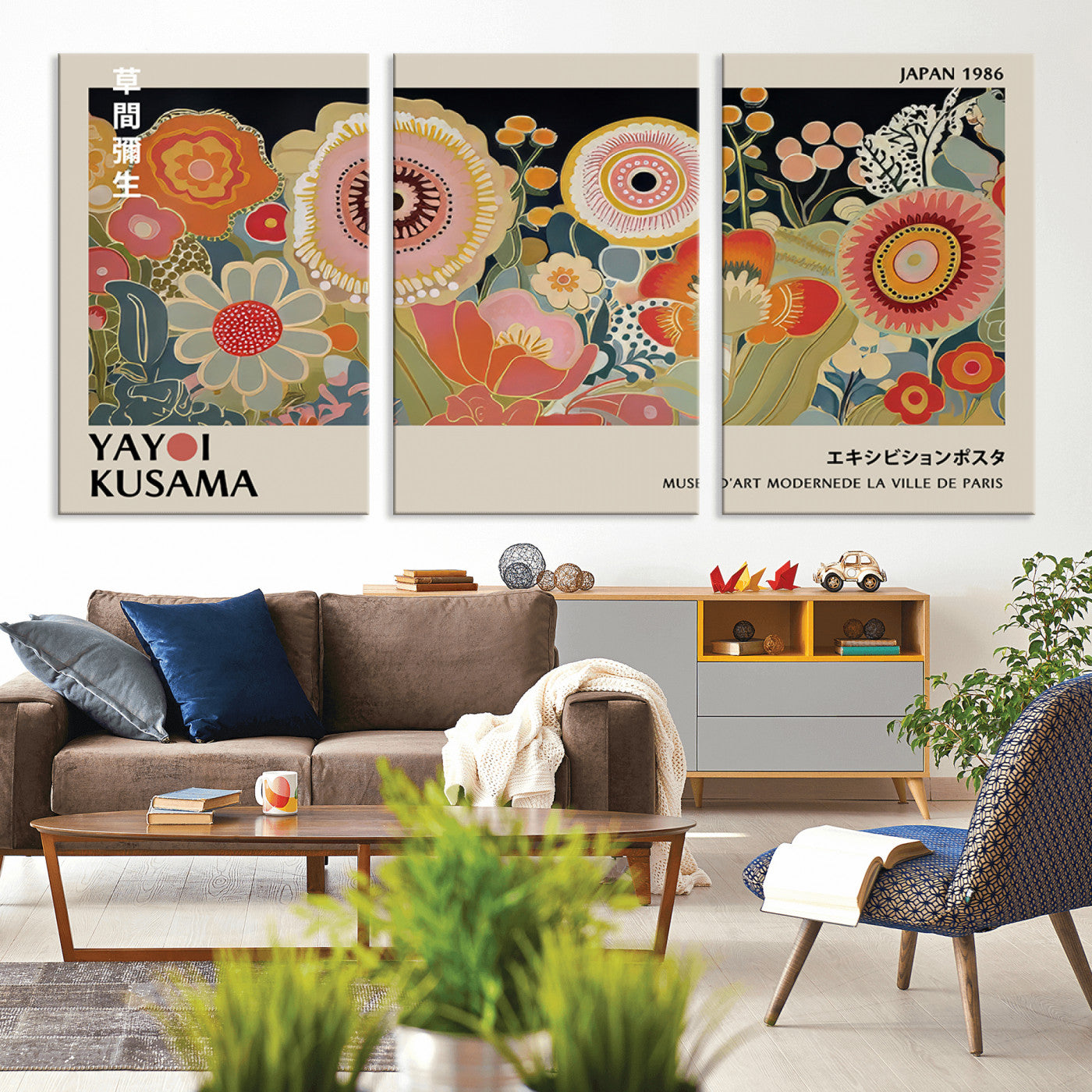 MGV-CV-60X30-3P - Yayoi Kusama Landscape Canvas Print, Vibrant Floral Mountain Art Print, Botanical Flower Nature Decor, Sunset Scenery Artwork