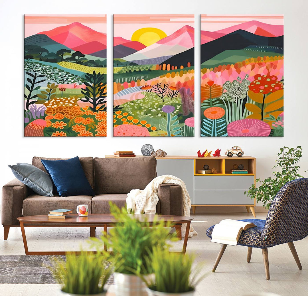 Vibrant abstract landscape canvas: Yayoi Kusama 1986 wall art print featuring mountains, sun, and flowers. Ready-to-hang.