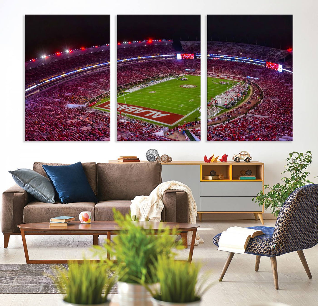 The living room features a Bryant-Denny Stadium Night Game Triple Canvas Wall Art.