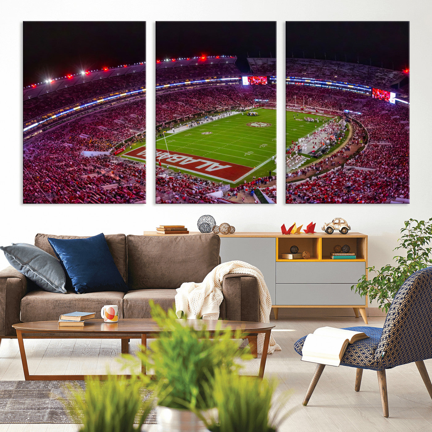 MGV-CV-60X30-3P - Bryant-Denny Stadium Night Game Triple Canvas Wall Art - Alabama Crimson Tide Football Match