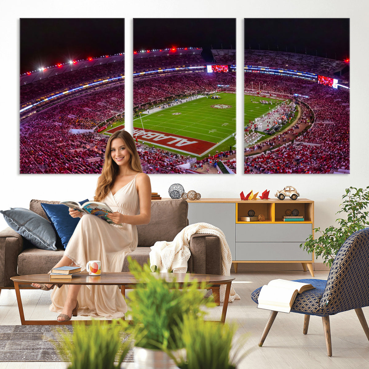 11343-MGV-CV-36X24 - Bryant-Denny Stadium Night Game Triple Canvas Wall Art | Alabama Crimson Tide Football