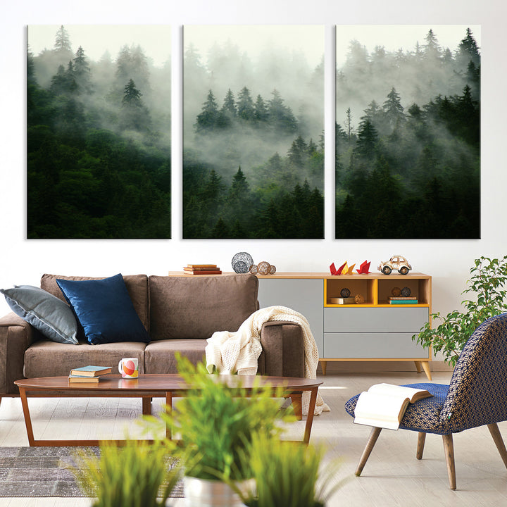 Misty Forest Wall Art Canvas Print - Foggy Forest Landscape Canvas Wall Art – Serene Triptych Nature Print – Woodland Landscape Decor