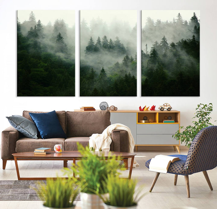 The Misty Forest Wall Art Canvas Print captures a serene, foggy evergreen landscape, evoking a mysterious woodland ambiance.