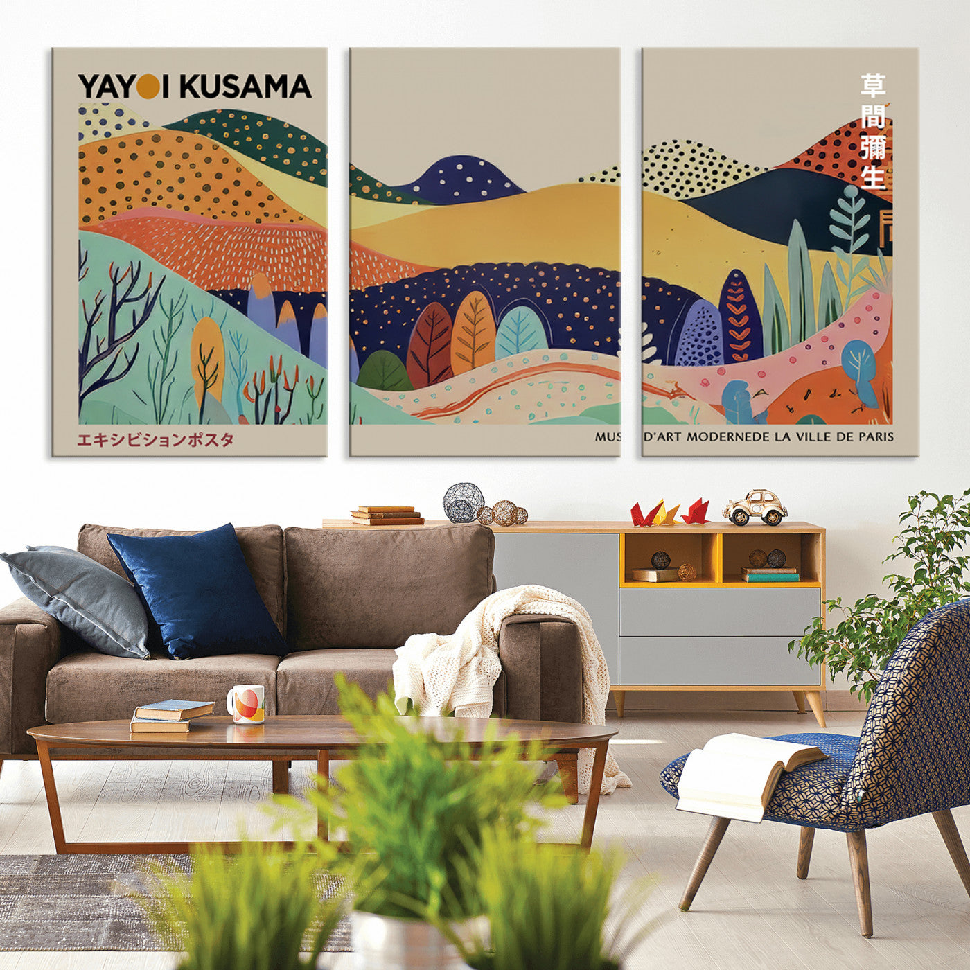 MGV-CV-60X30-3P - Framed Yayoi Kusama 1986 Wall Art Print – Japanese Wall Art Print, Wabi Sabi Yayoi Kusama Print -
