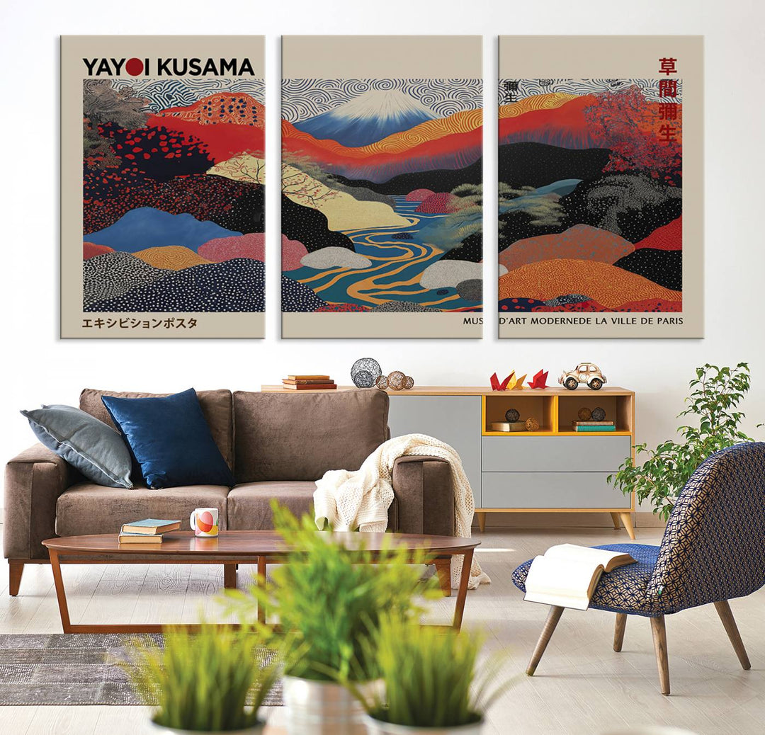 The room showcases Kusamas 1986 vibrant abstract landscape wall art print.