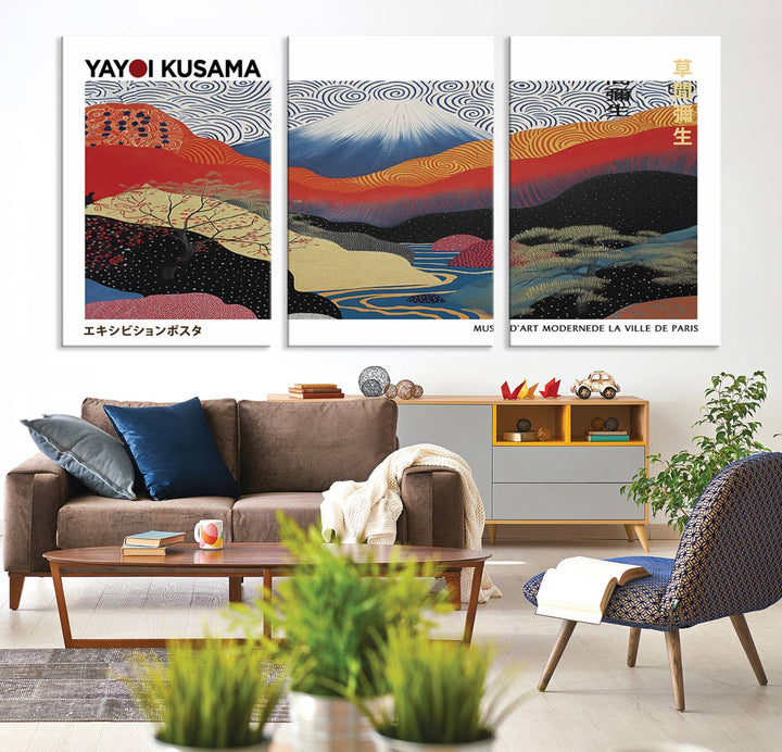 The vibrant abstract landscape canvas print featuring the Framed Yayoi Kusama 1986 Wall Art adds a touch of contemporary décor to the room.