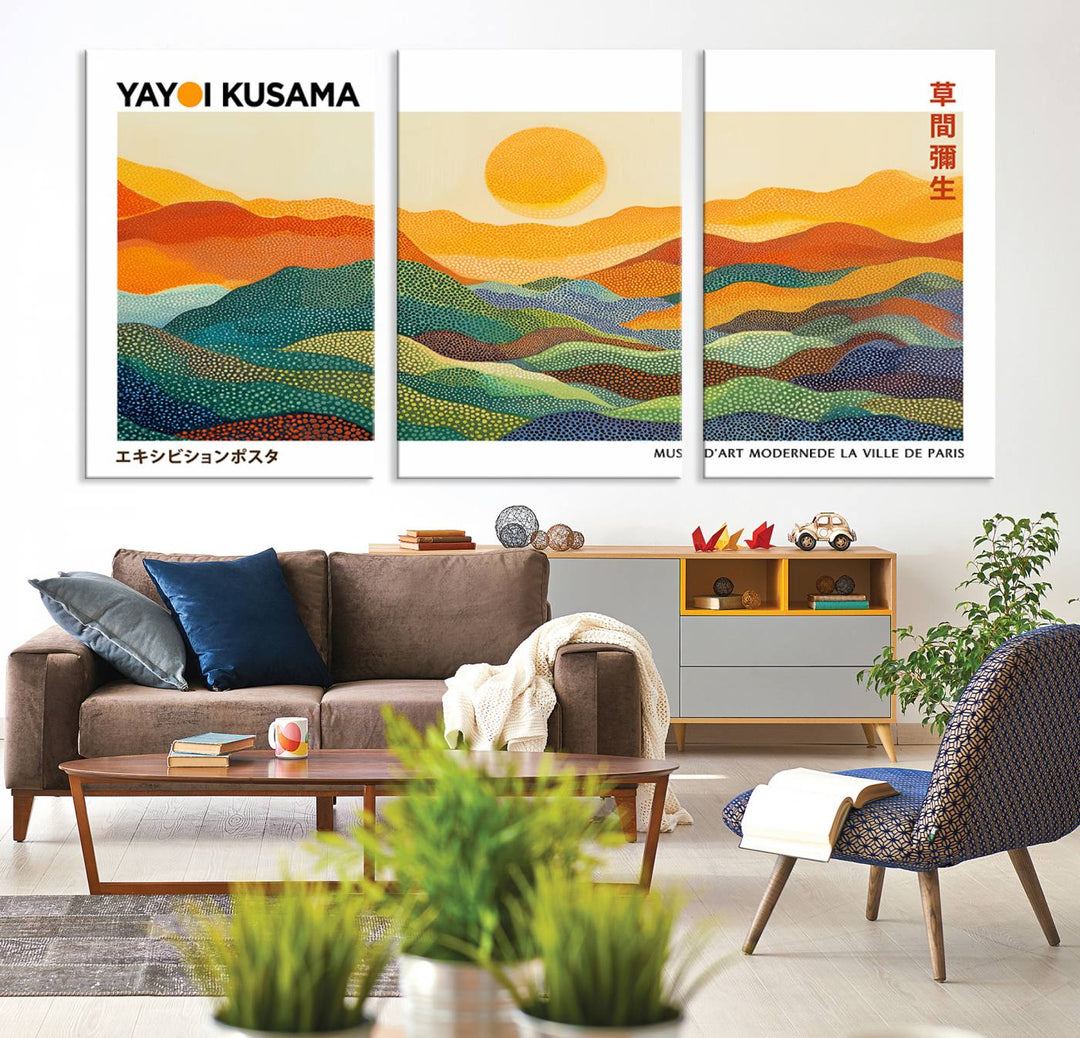 The Framed Yayoi Kusama 1986 Wall Art Print—a vibrant abstract landscape on canvas—draws inspiration from Japanese Wabi Sabi aesthetics, featuring colorful dots reminiscent of Kusama's iconic style. Perfect for contemporary décor, it makes an artistic statement when positioned against a dark wall.