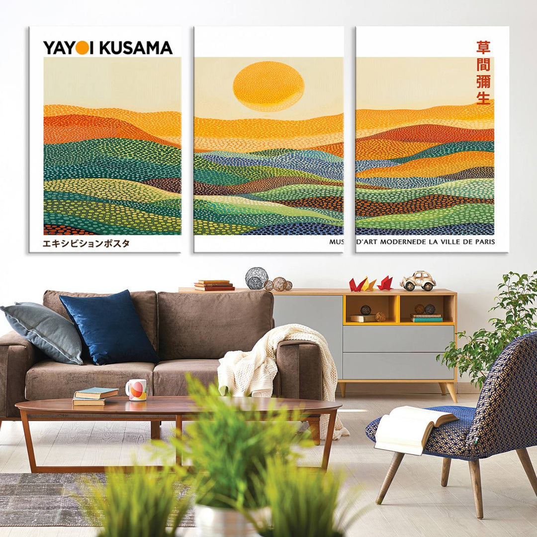 Framed Yayoi Kusama 1986 Wall Art: A vibrant abstract landscape featuring Wabi Sabi hills and a sun, created by the Japanese artist.