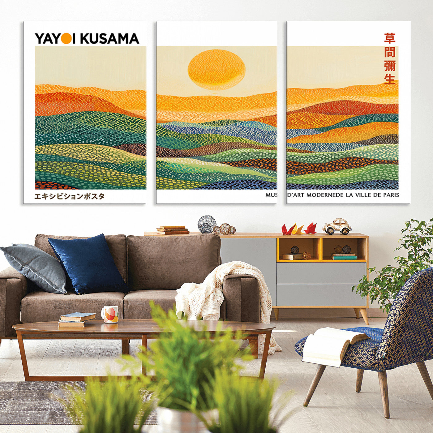 MGV-CV-60X30-3P - Framed Yayoi Kusama 1986 Wall Art Print – Japanese Wall Art Print, Wabi Sabi Yayoi Kusama Print -