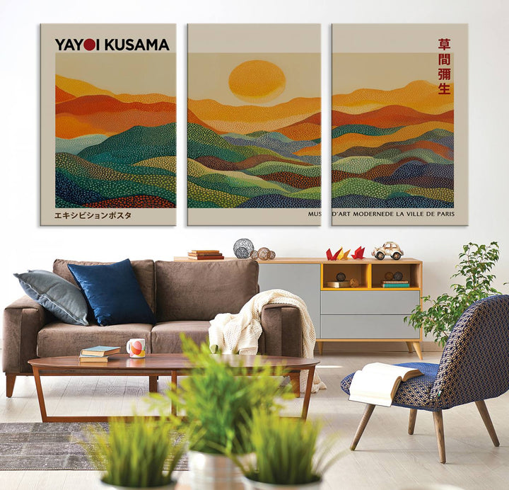 The vibrant abstract landscape depicted in the three-panel "Framed Yayoi Kusama 1986 Wall Art Print" seamlessly integrates nature-inspired décor.