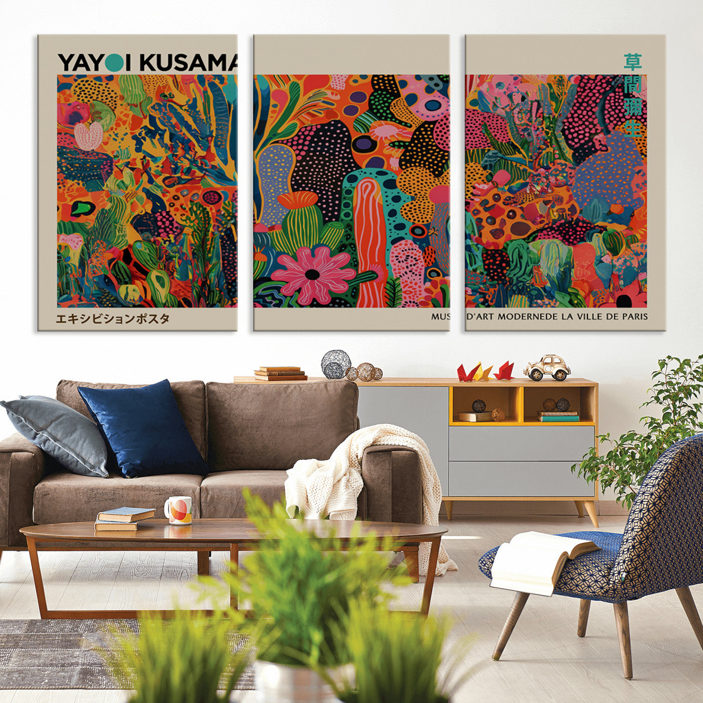MGV-CV-60X30-3P - Framed Yayoi Kusama 1986 Wall Art Print – Japanese Wall Art Print, Wabi Sabi Yayoi Kusama Print -