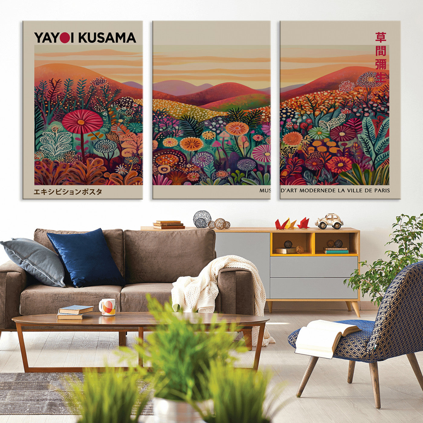 MGV-CV-60X30-3P - Framed Yayoi Kusama 1986 Wall Art Print – Japanese Wall Art Print, Wabi Sabi Yayoi Kusama Print -
