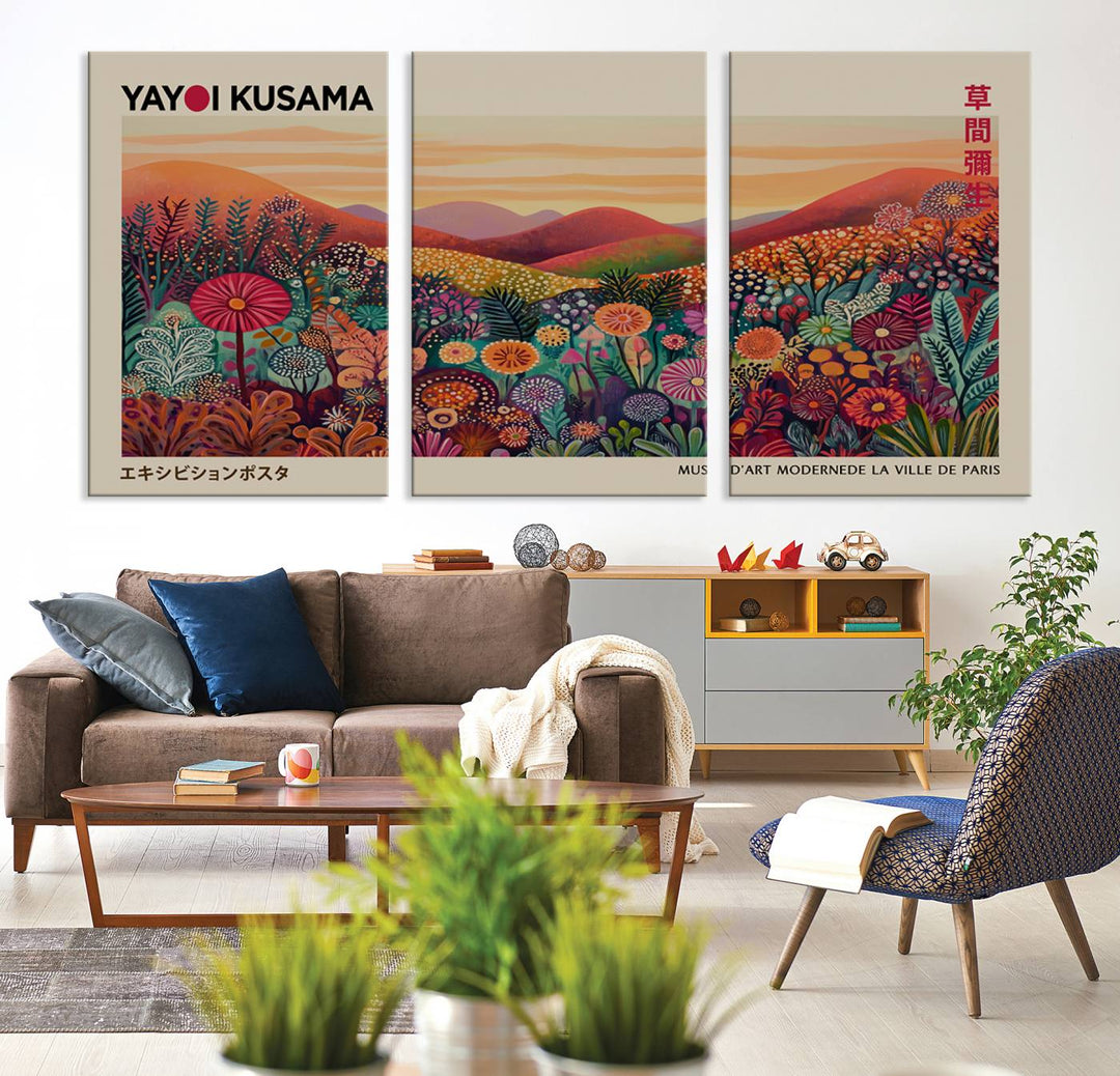 A framed Yayoi Kusama abstract landscape art print adorns the wall.