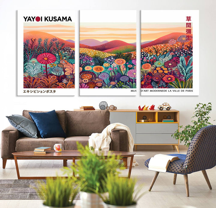 A Framed Yayoi Kusama 1986 Wall Art Print, showcasing a vibrant abstract landscape with flowers and reflecting the Wabi Sabi style, is displayed.